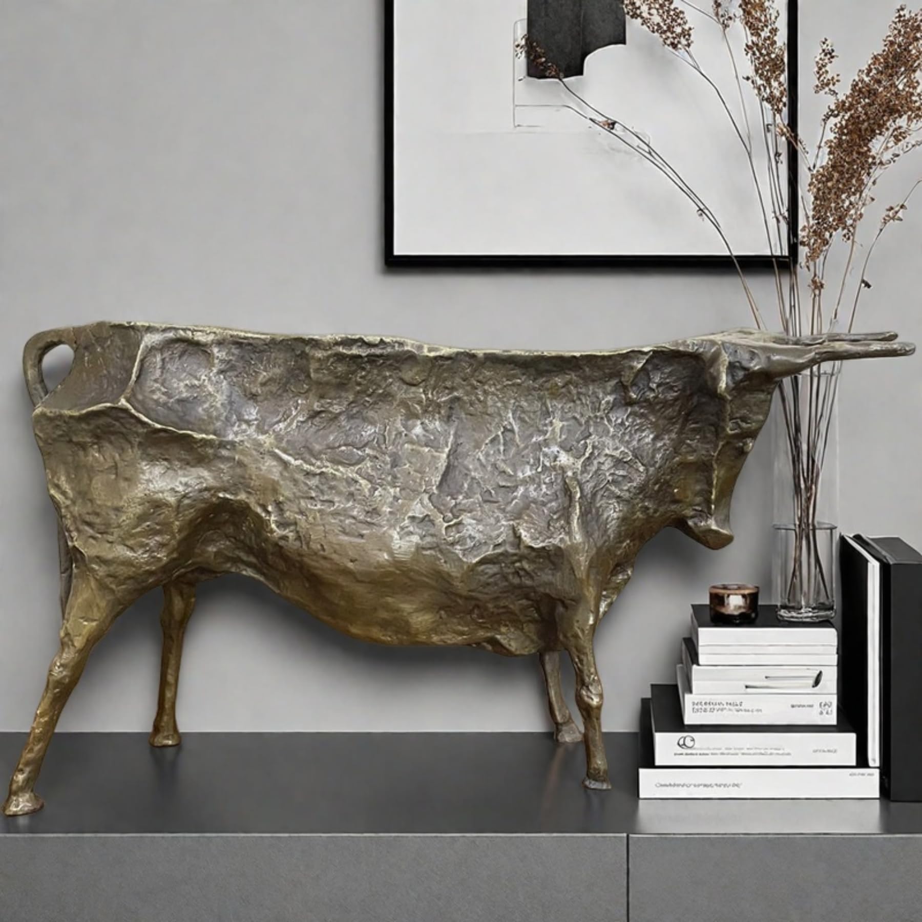 Large bronze Picasso-inspired abstract bull sculpture.