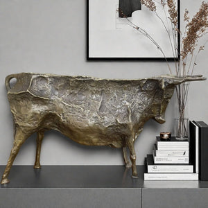 Large bronze Picasso-inspired abstract bull sculpture.