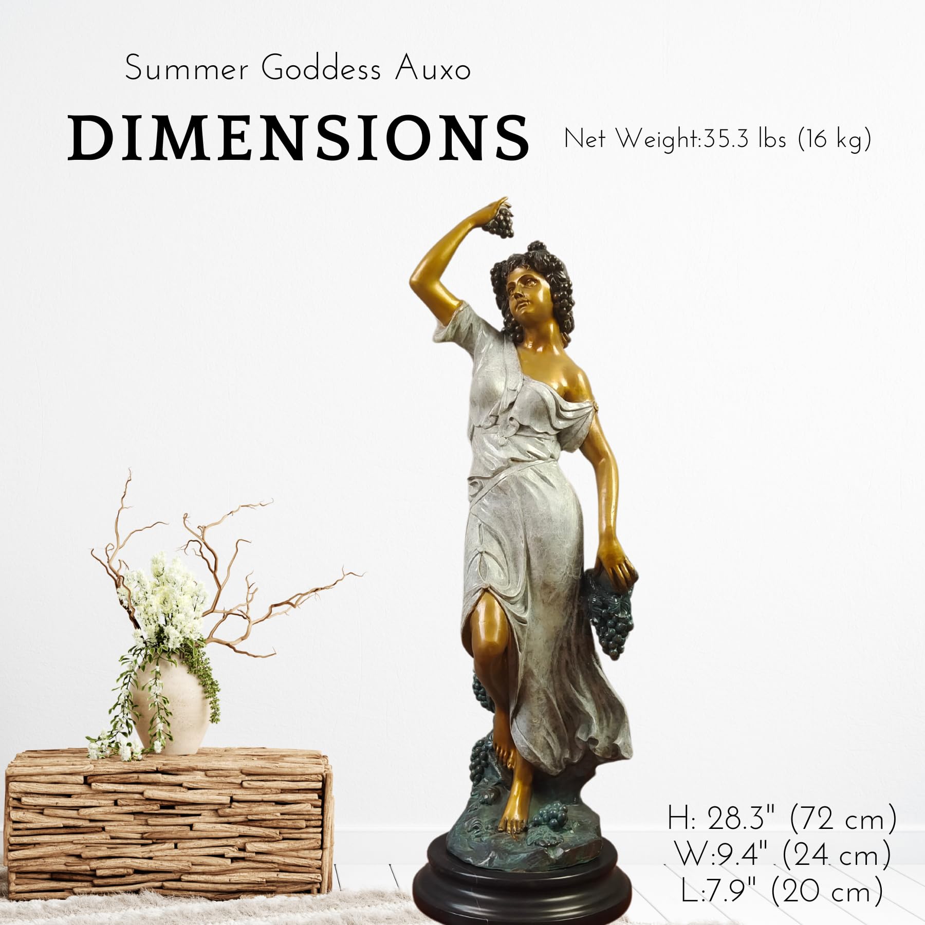 Pomona goddess bronze statue dimensions chart showing 28.3 inch height with base measurements