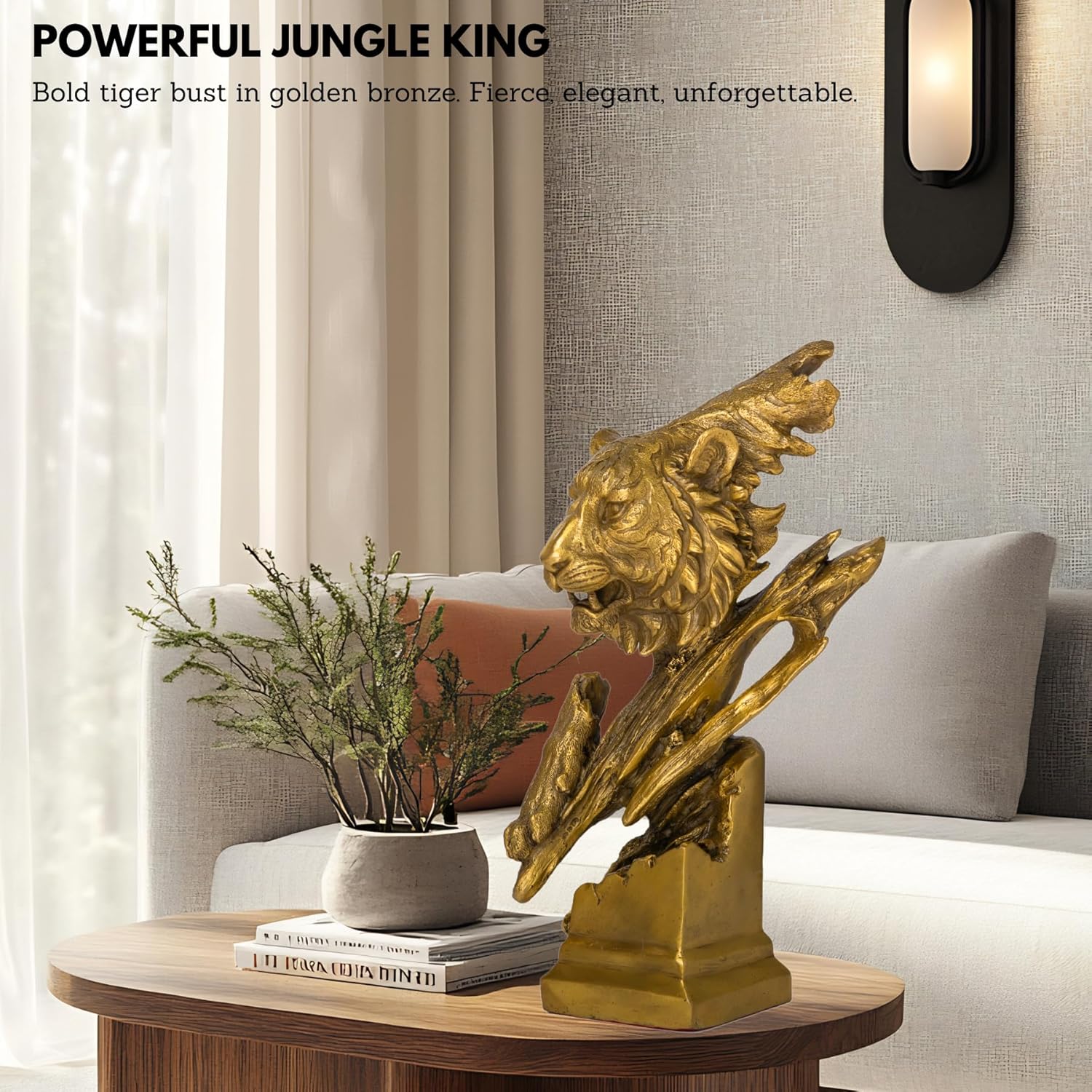 Powerful jungle king tiger bronze art piece featuring intricate details and golden finish