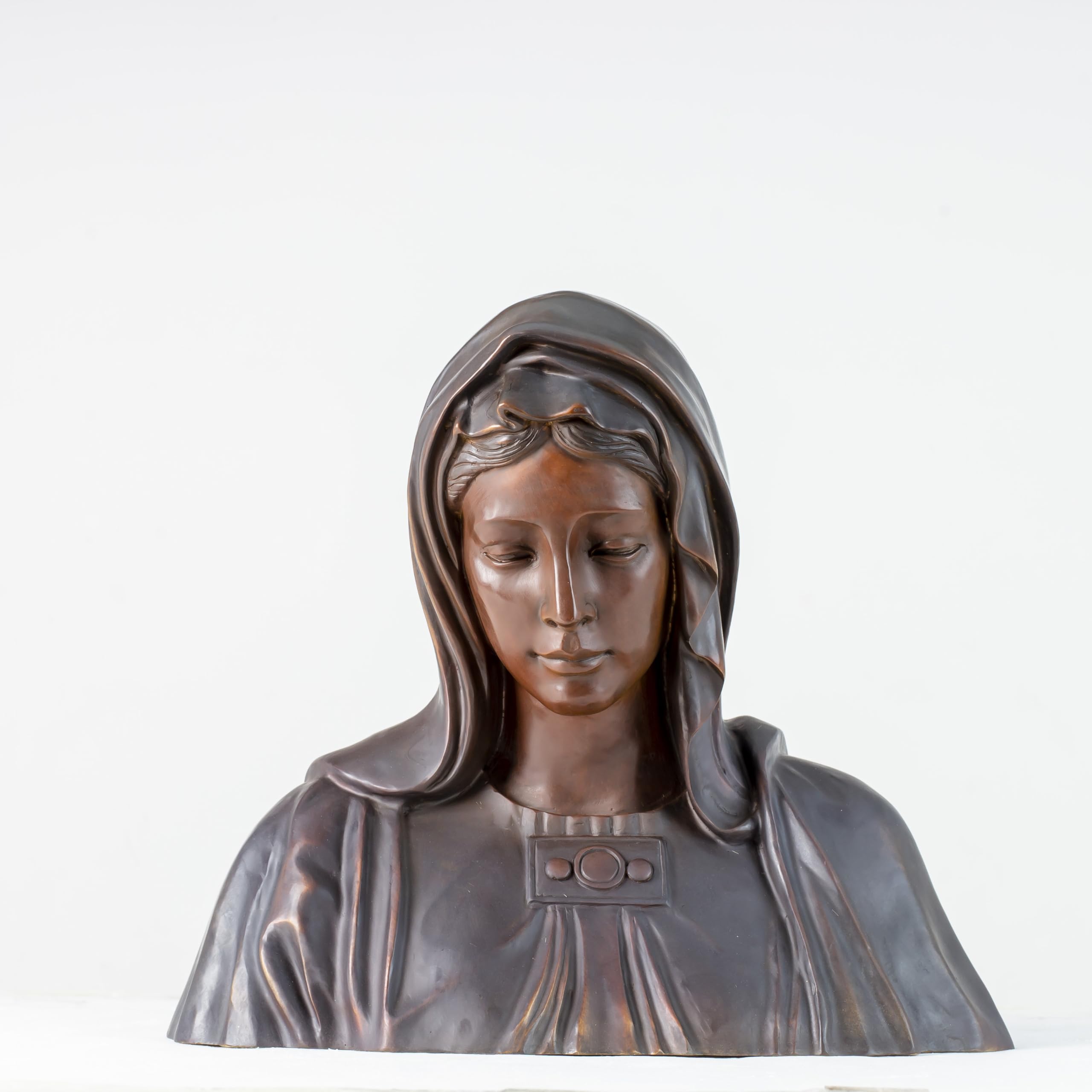 17.3-inch pure bronze Virgin Mary bust statue life-scale Madonna sculpture, front view on white background