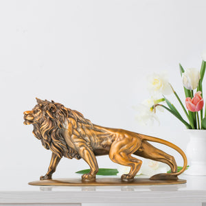 8.6-inch realistic gold bronze Lion King walking sculpture displayed on white console table in home setting