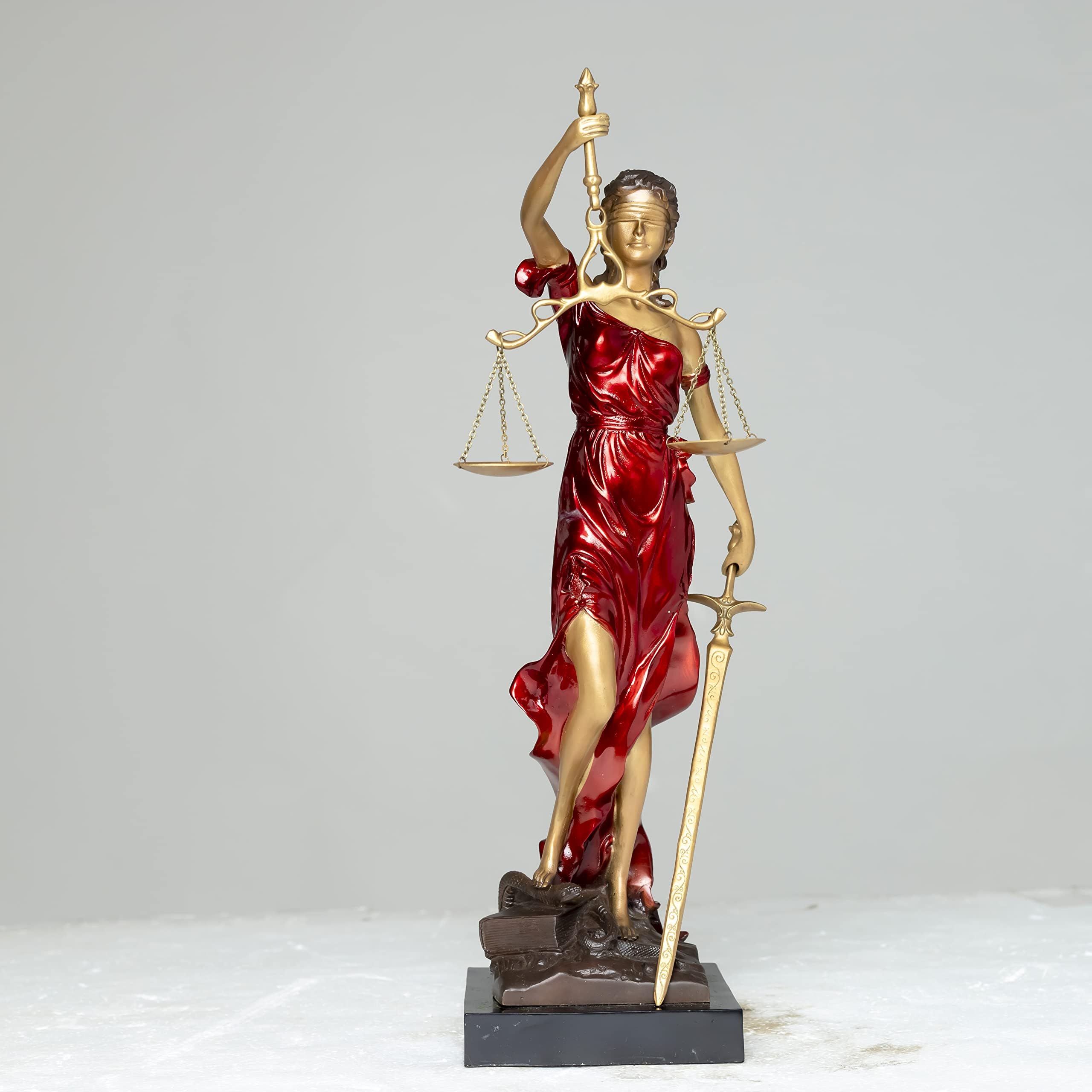19.3-inch red Lady Justice Themis statue front full body view on white background showing scales and sword