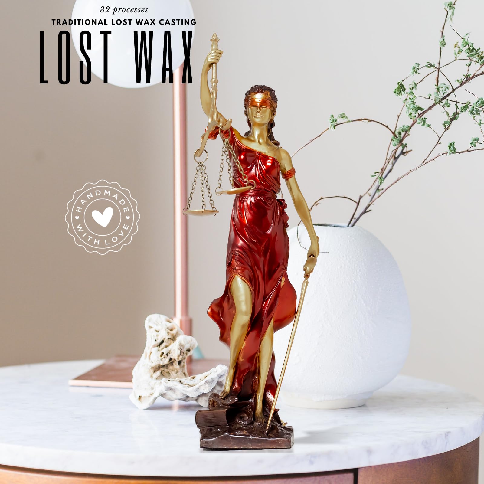 Red Lady Justice Themis statue showcasing lost-wax cast craftsmanship and bronze quality