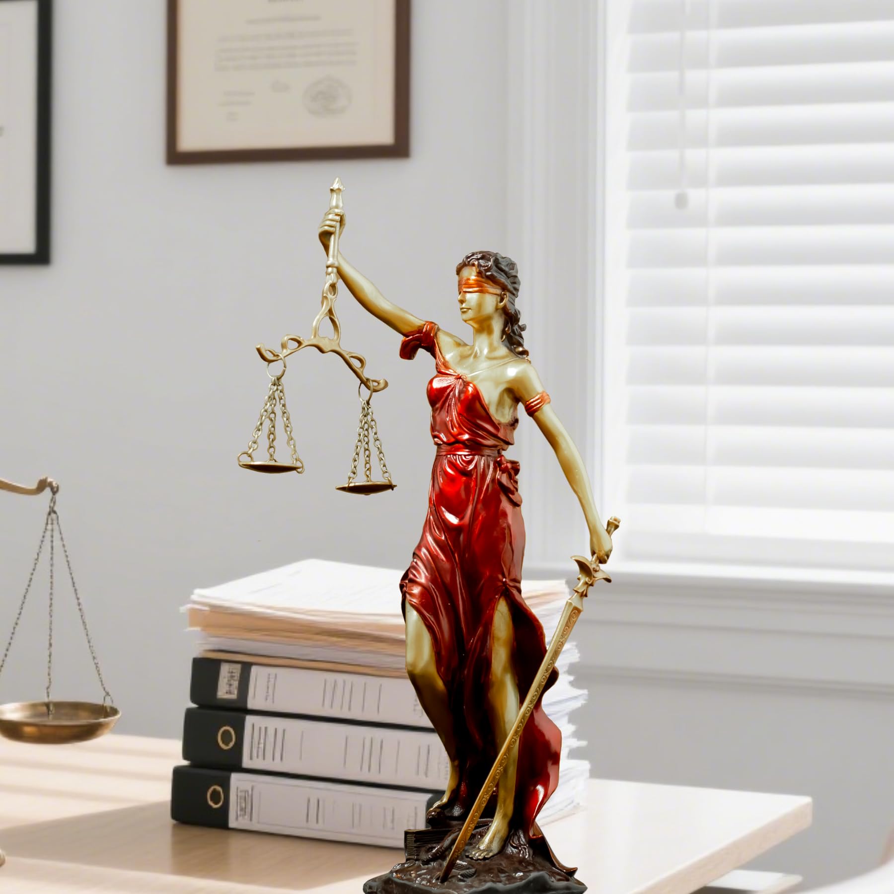 Red Lady Justice Themis statue displayed on office desk with law books in professional setting