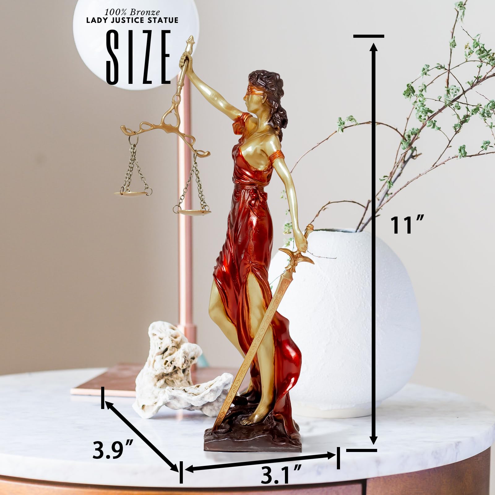 Red Lady Justice Themis statue size reference chart showing 11 inch height and 3.9 inch base