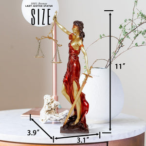 Red Lady Justice Themis statue size reference chart showing 11 inch height and 3.9 inch base