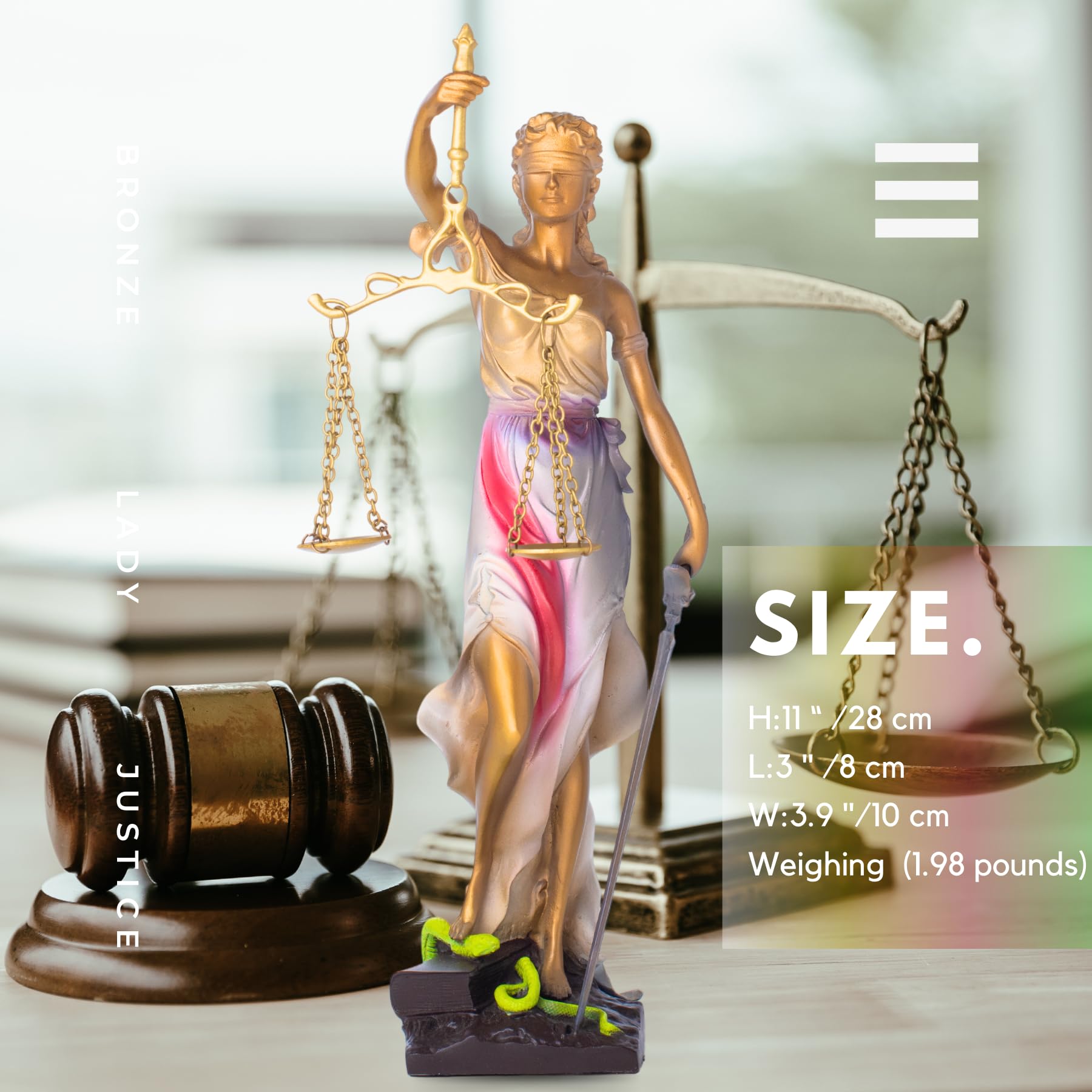 Red Lady Justice Themis statue size reference showing 11 inch height and base dimensions