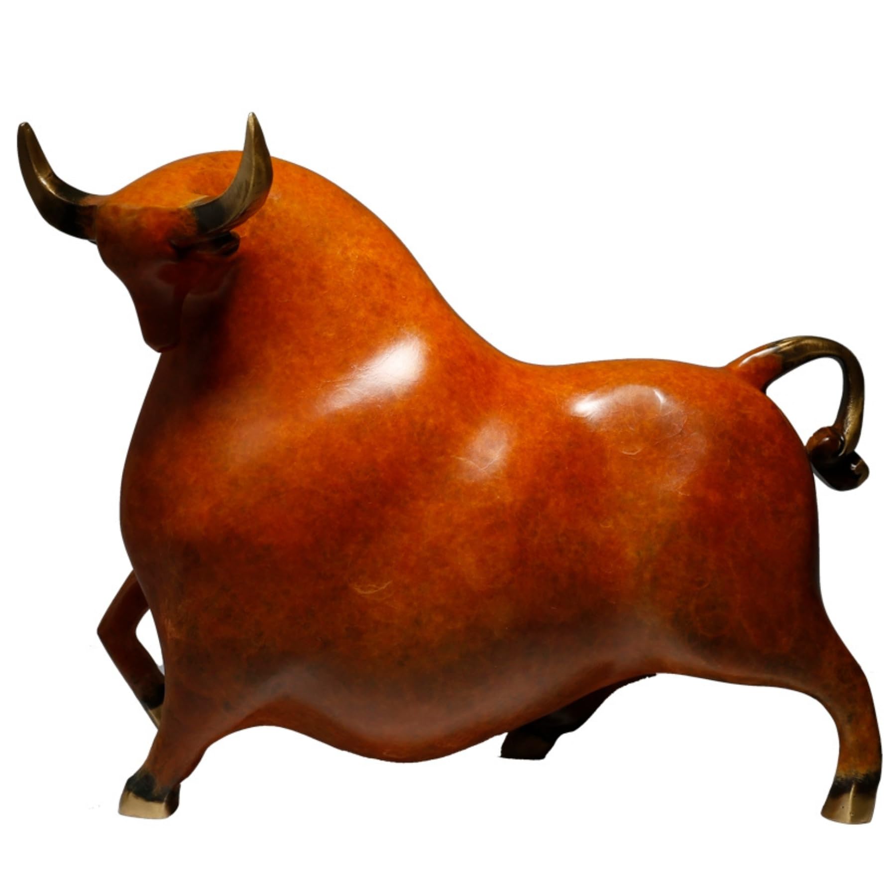 Handcrafted reddish-orange abstract bull sculpture, front view.