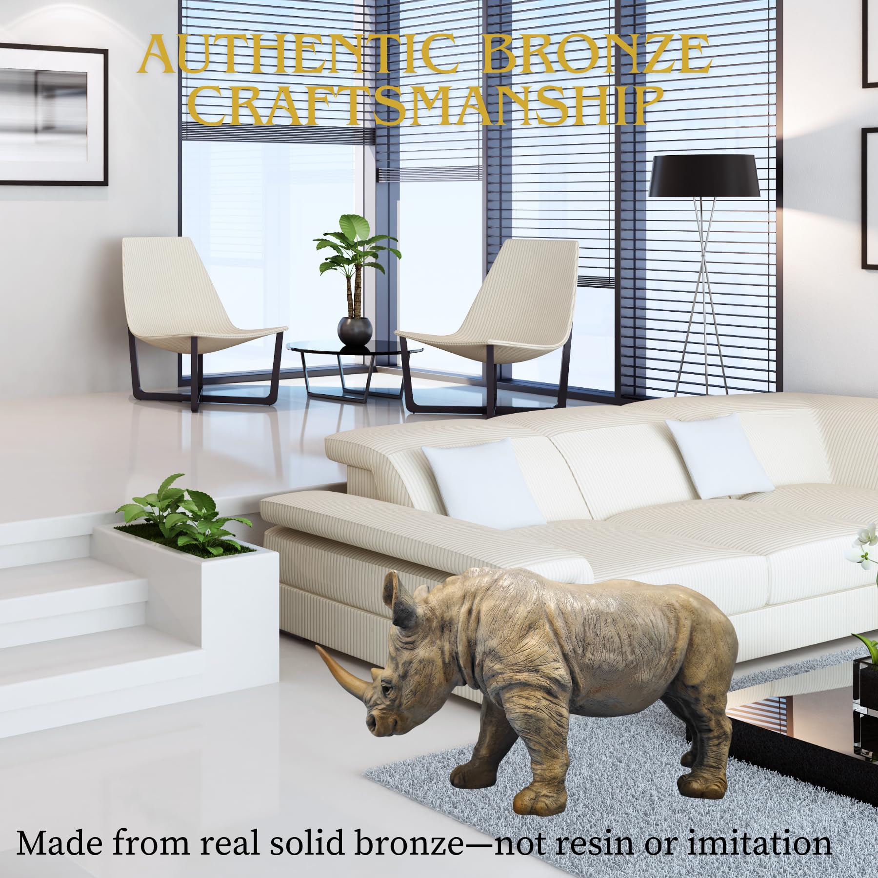 Close-up of gray bronze rhino face and horn detail.