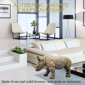 Close-up of gray bronze rhino face and horn detail.