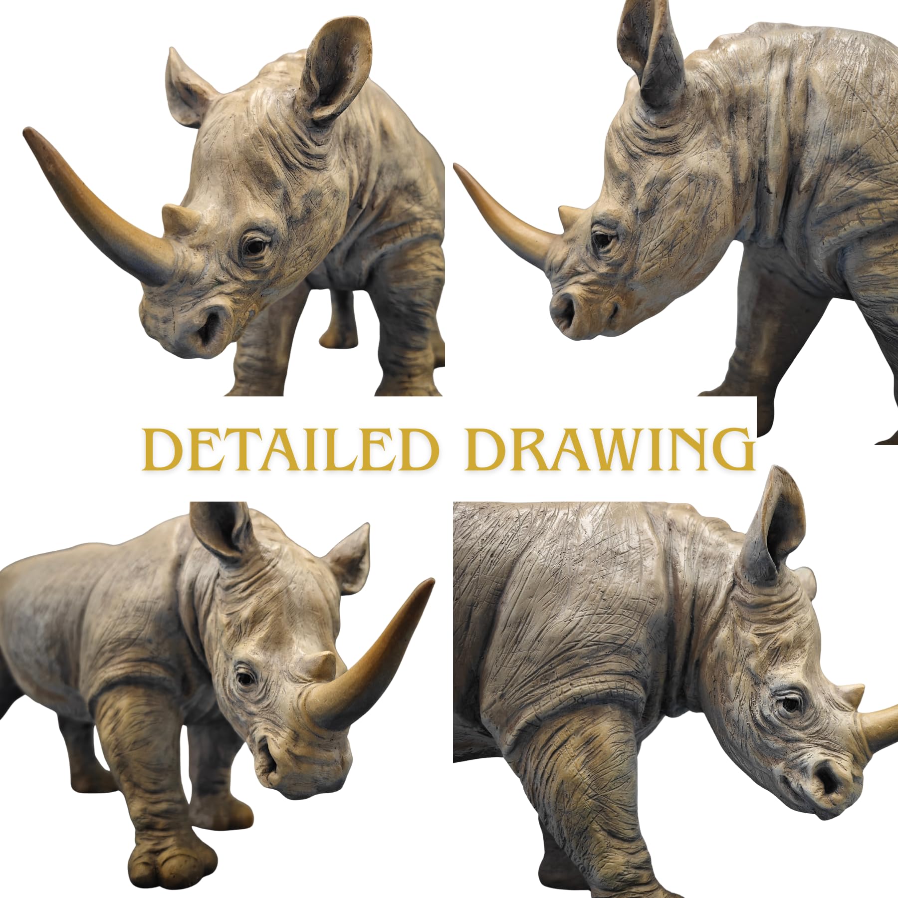 Gray bronze rhino statue displayed in a luxury office.