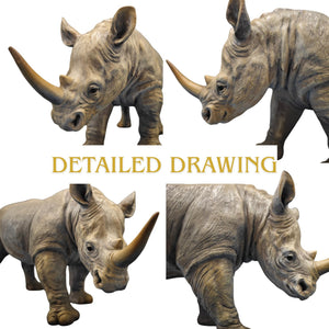 Gray bronze rhino statue displayed in a luxury office.