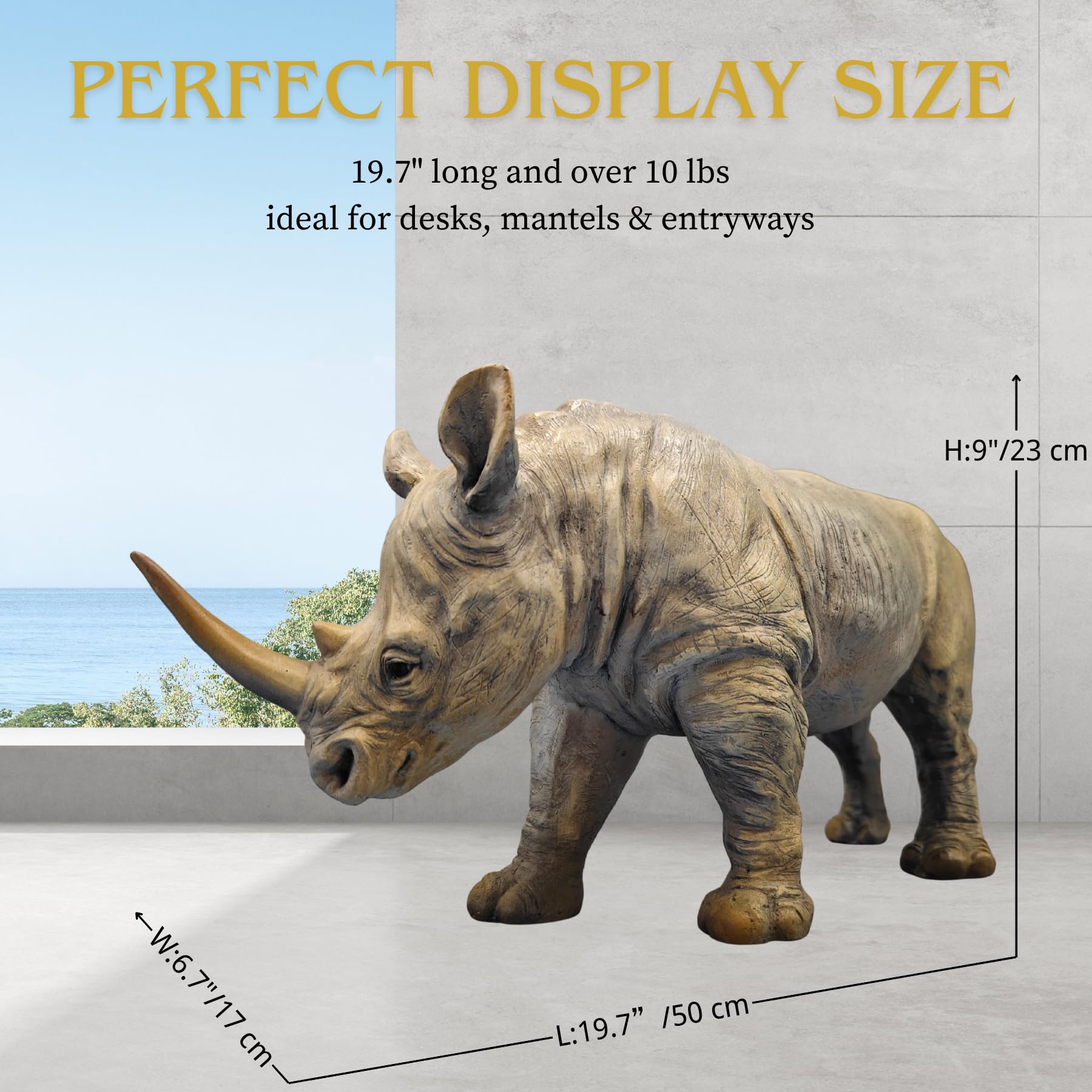 19.7-inch large bronze rhino sculpture size comparison.
