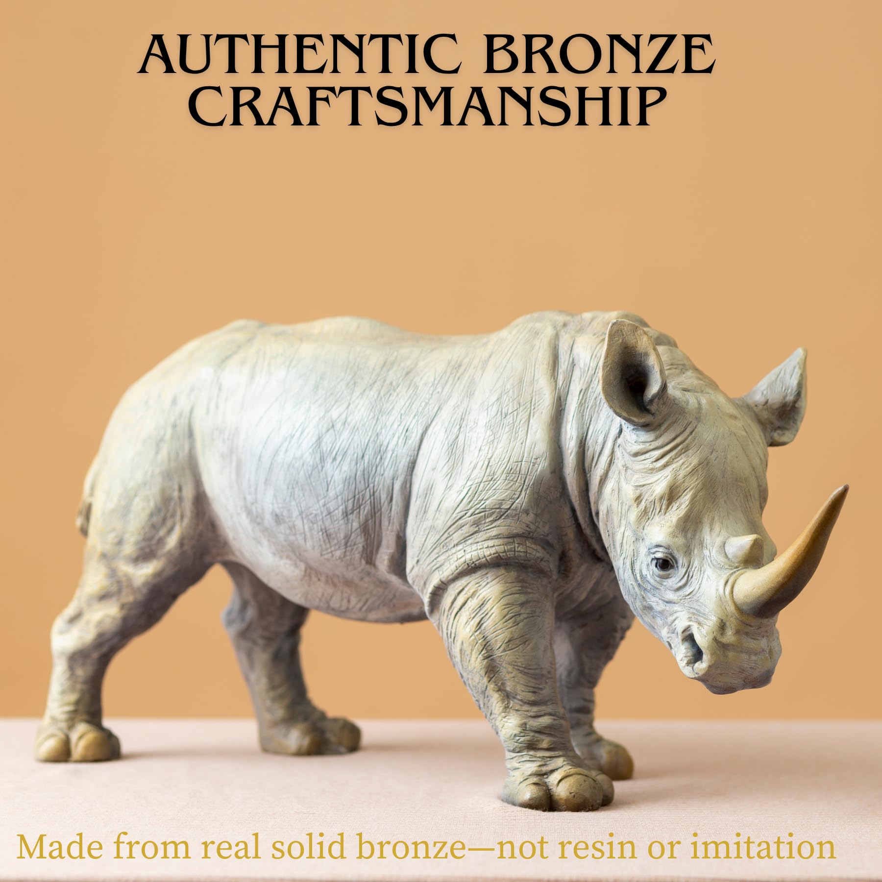 Close-up of white bronze rhino face and horn detail.