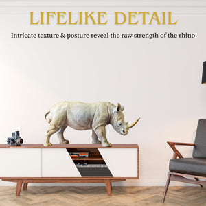 Realistic white bronze rhino statue, side view profile.