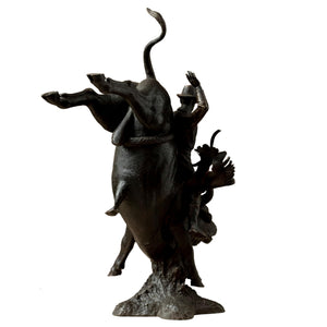 Detailed view of the realistic muscle tension on the bronze rodeo bull statue