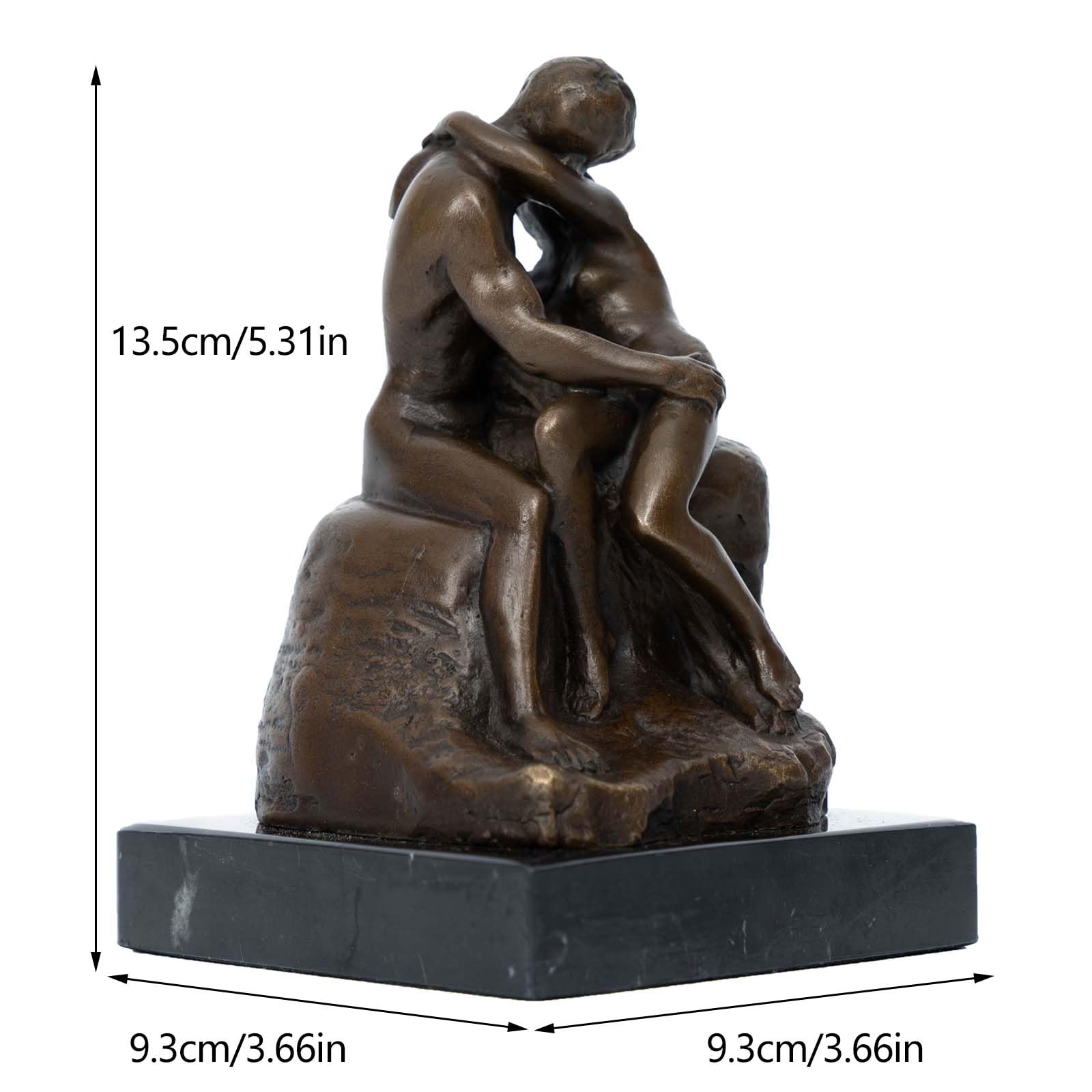 Rodin The Kiss bronze statue size chart showing height, width, and base dimension specifications