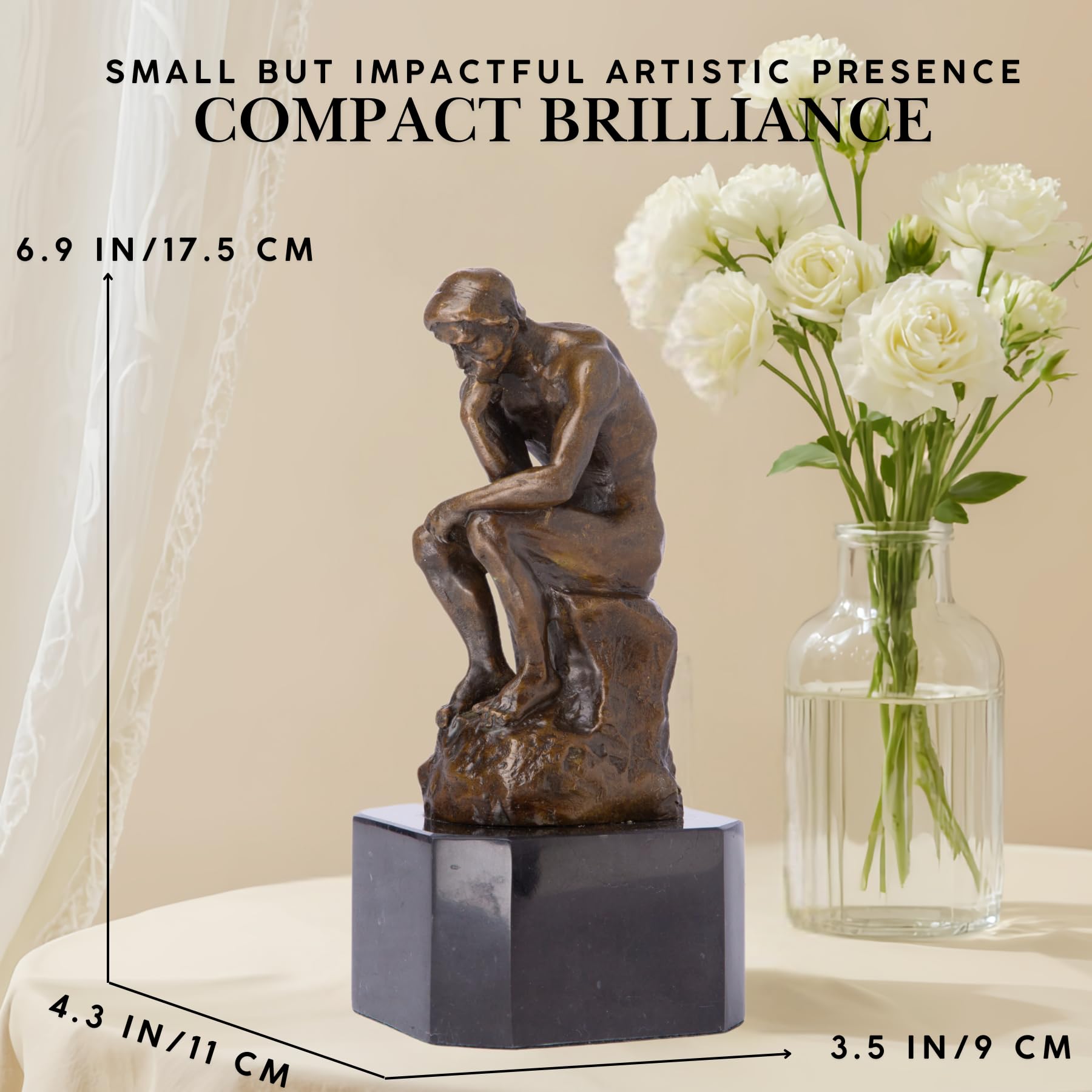 Rodin The Thinker bronze statue size feature card showing compact dimensions beside flower vase