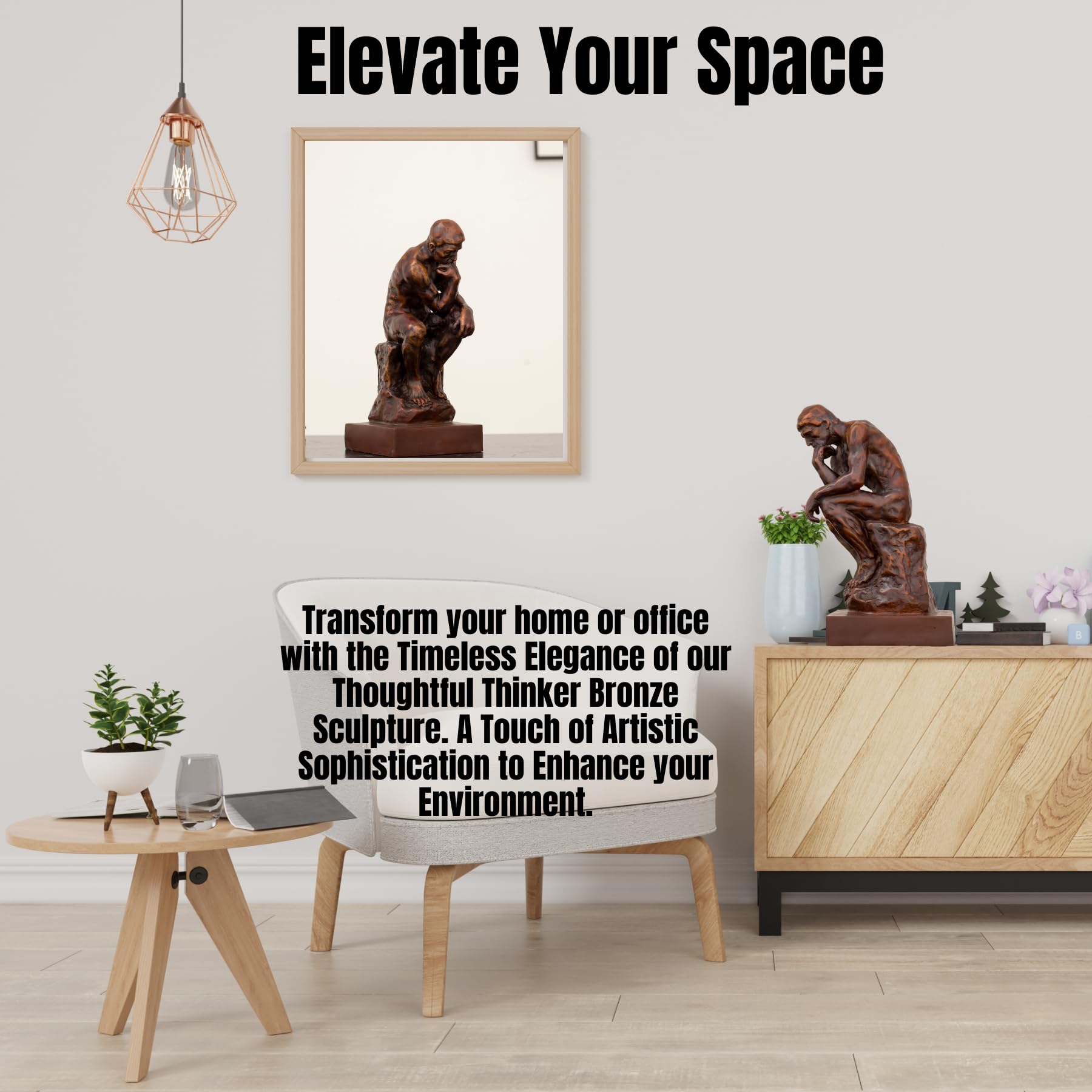 Rodin The Thinker classical bronze statue elevate your space feature displayed on shelf beside framed wall art