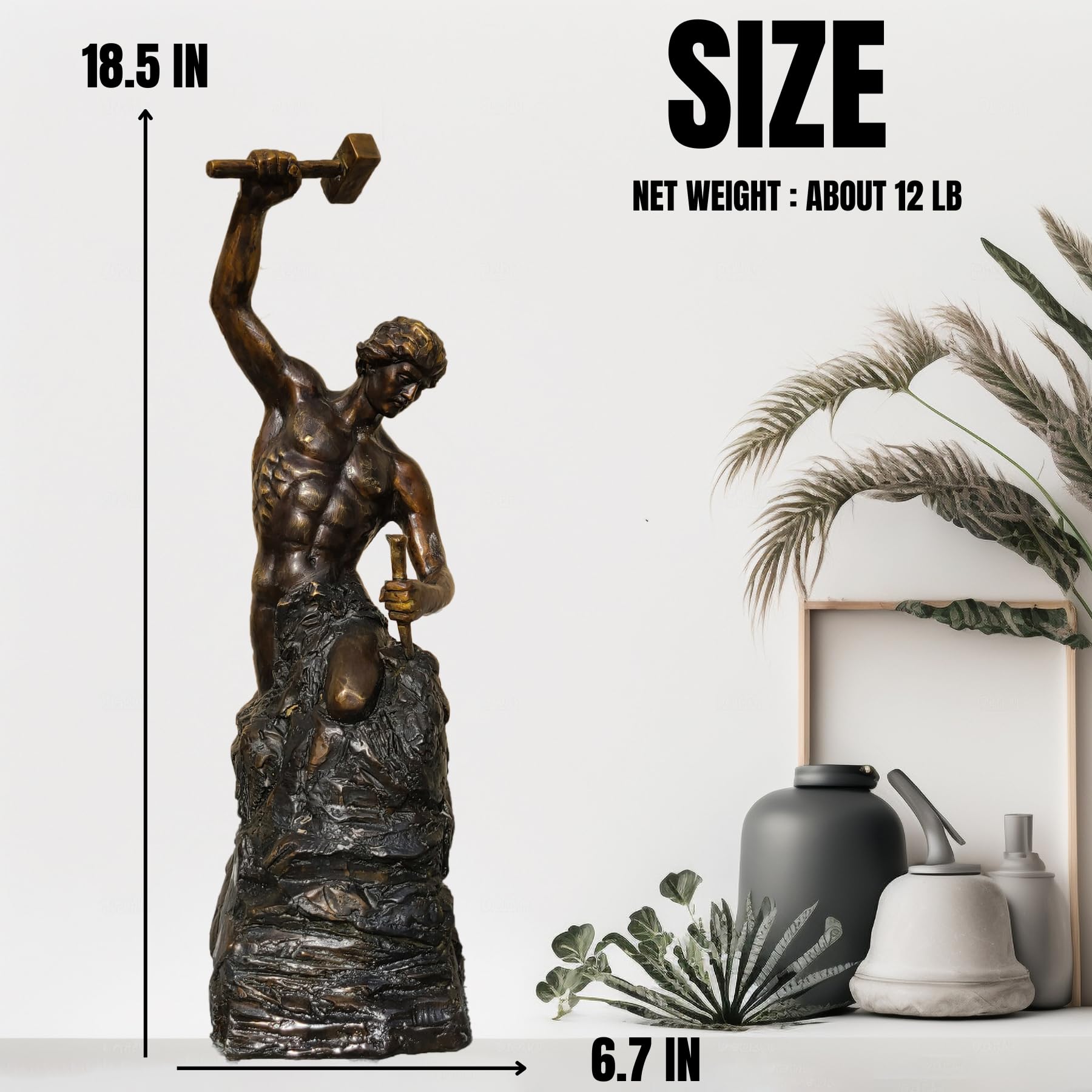 Self-Made Man bronze statue size chart showing 18.5-inch height and weight specifications