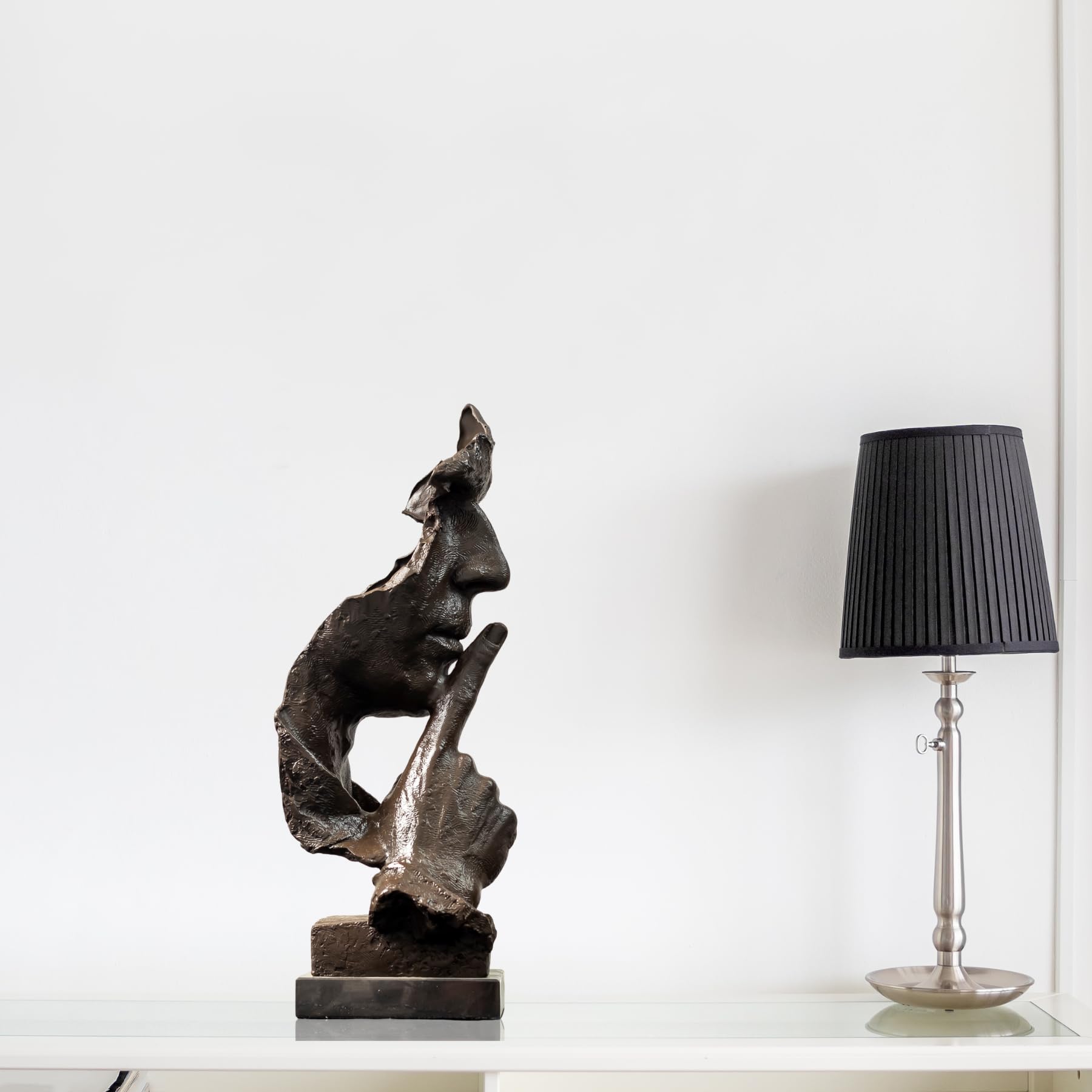 Gary finish Silence is Gold abstract thinker bronze sculpture front view on marble base