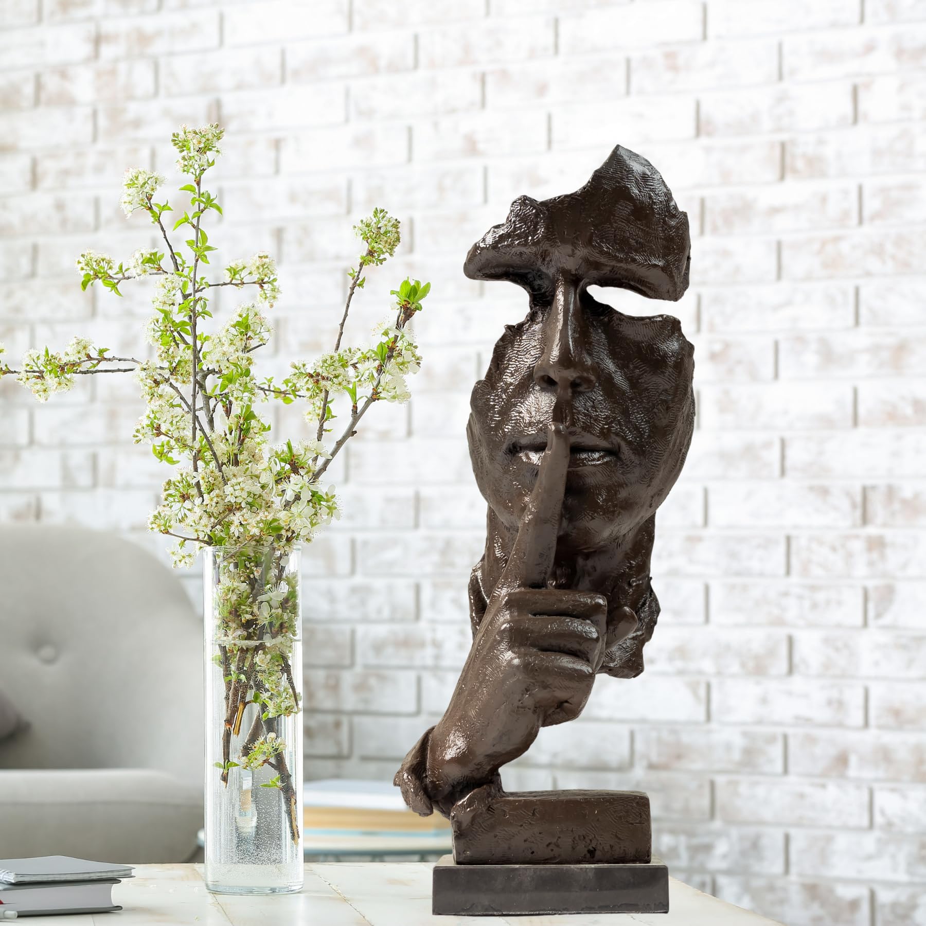 Gold finish Silence is Gold abstract thinker bronze sculpture front view on marble base
