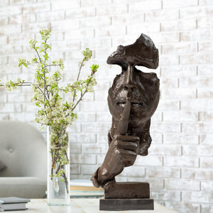 Gold finish Silence is Gold abstract thinker bronze sculpture front view on marble base