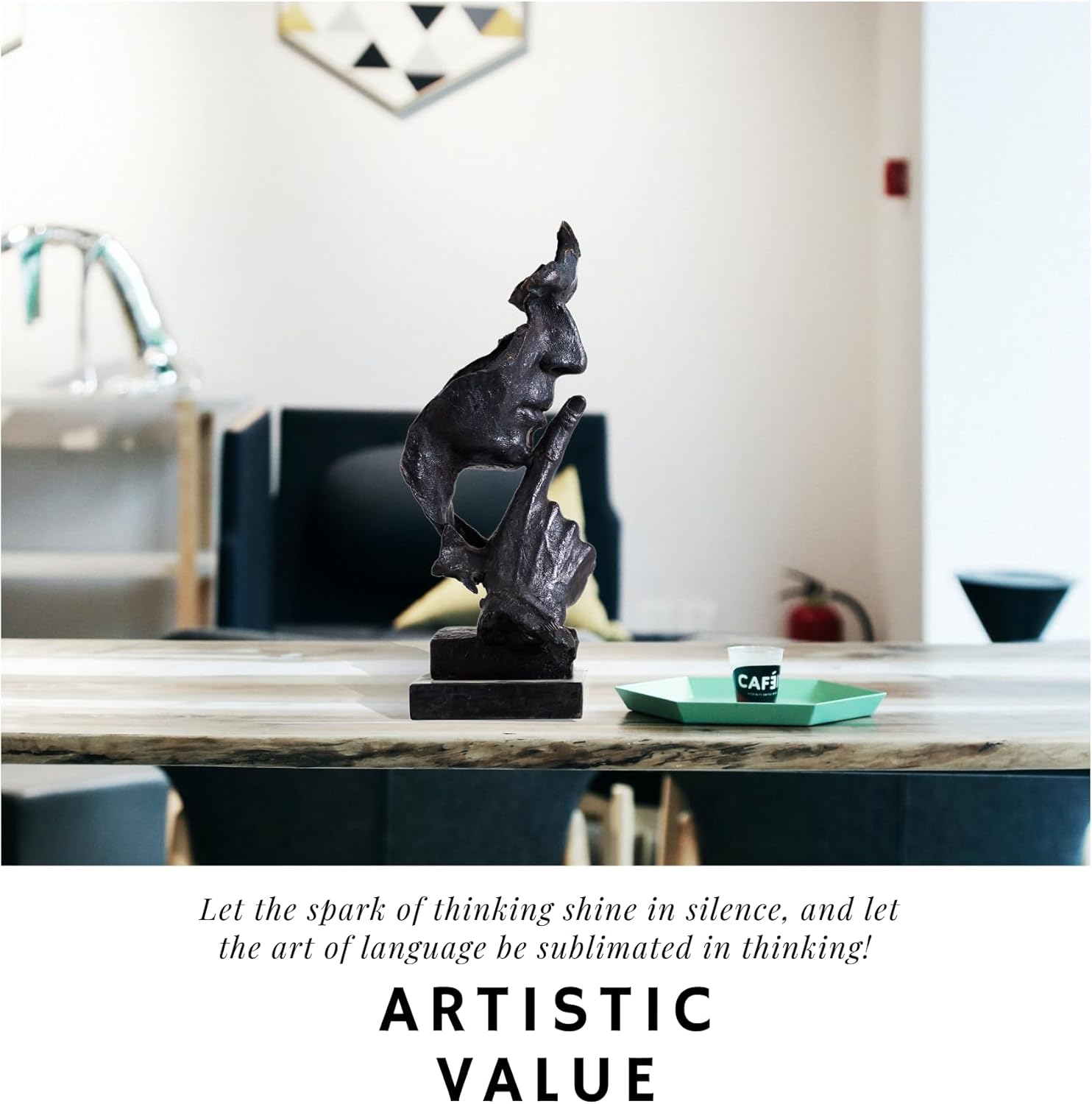 Black patina Silence is Gold thinker bronze sculpture displayed as wisdom and leadership décor