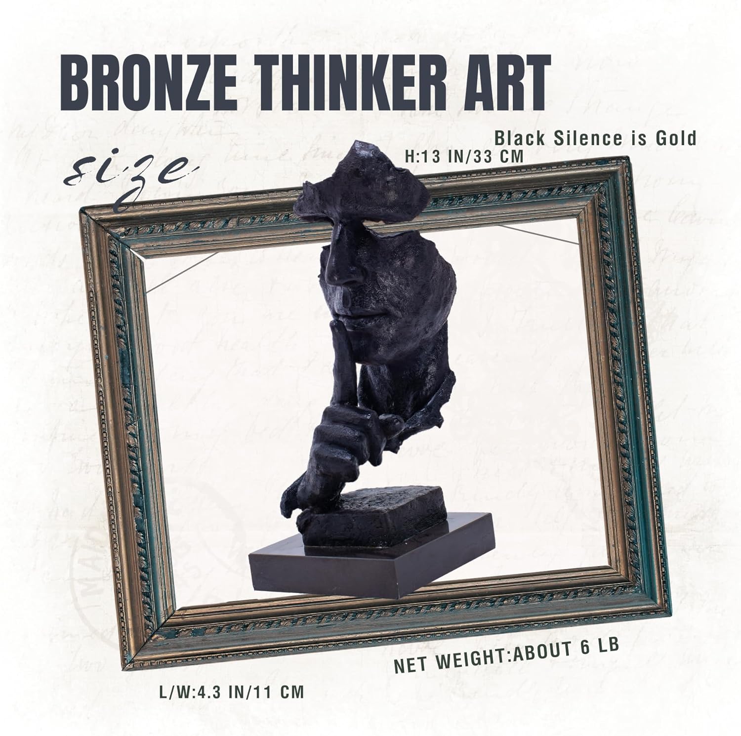 Black Silence is Gold thinker bronze sculpture styled in modern home and office interior
