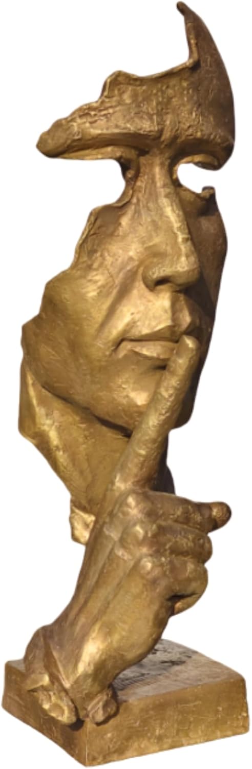 Silence is Golden bronze sculpture 32-inch abstract face with finger on lips design, gold patina