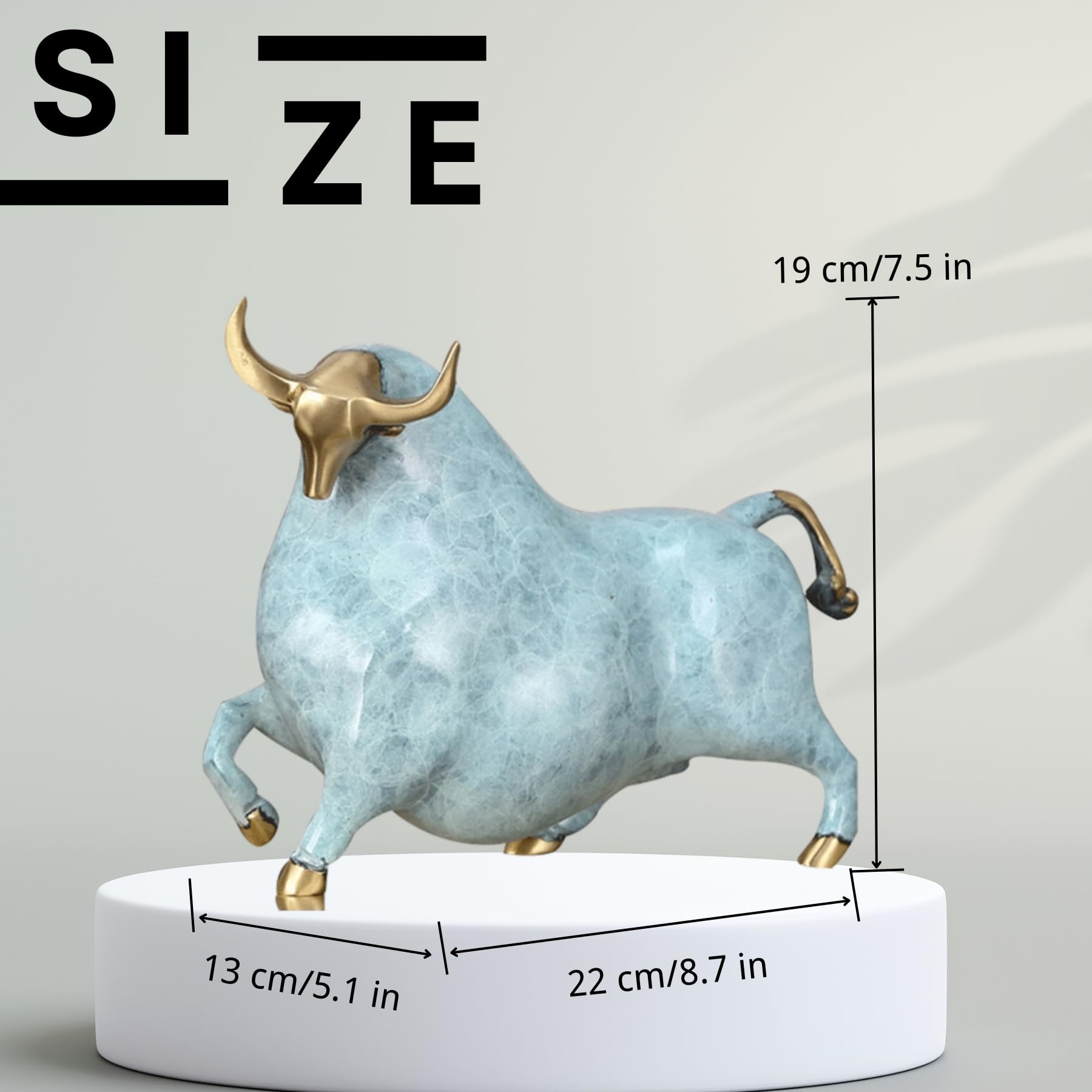 Handcrafted sky blue enamel bull sculpture with solid brass base.