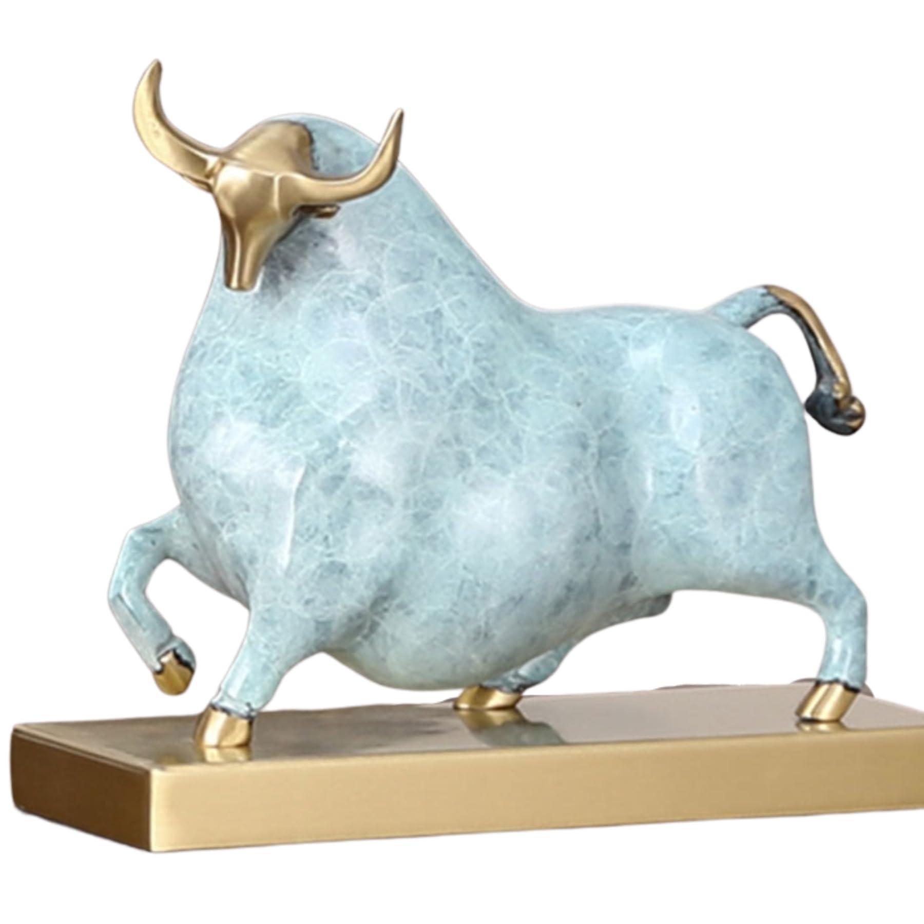 Side profile of the abstract sky blue charging bull figurine.