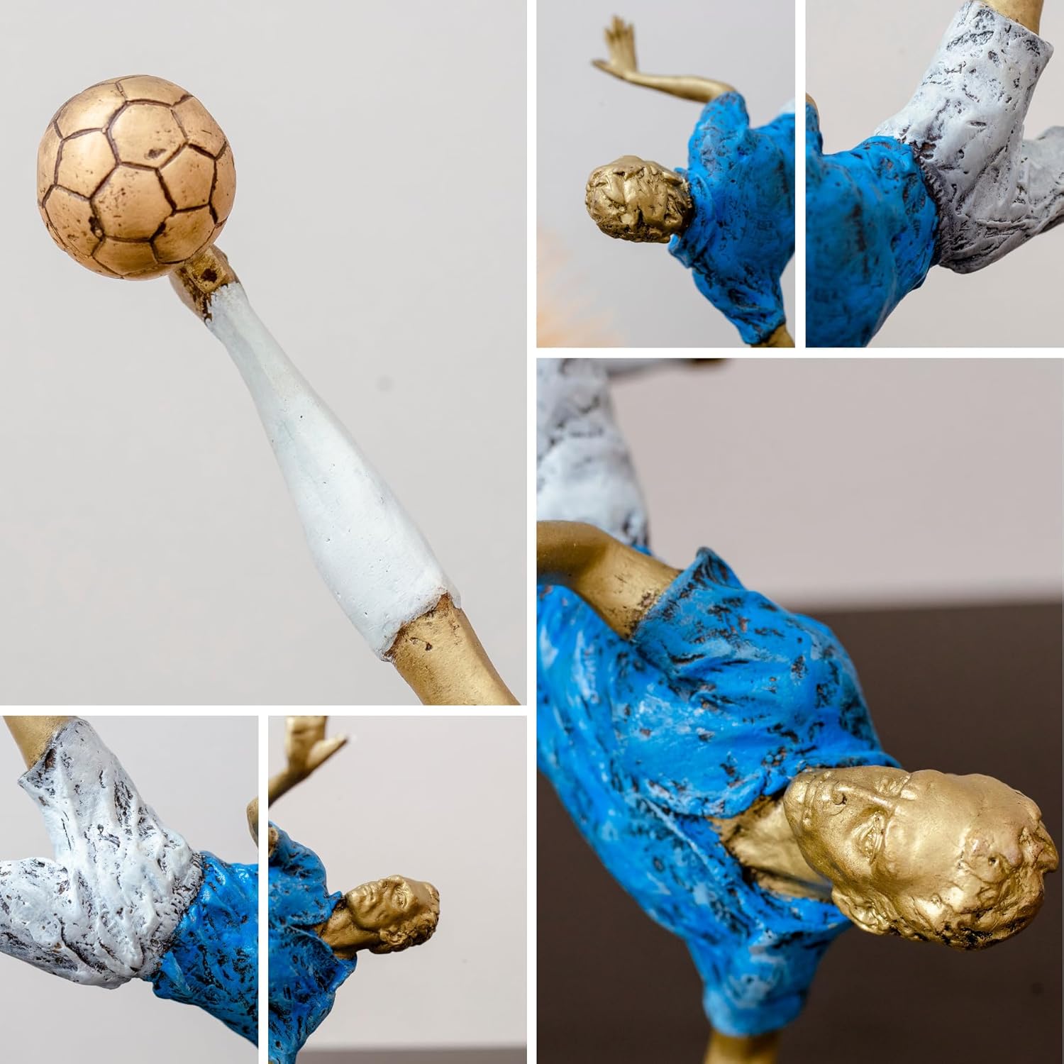 Action detail of soccer player bicycle kick figurine showing blue jersey and golden ball