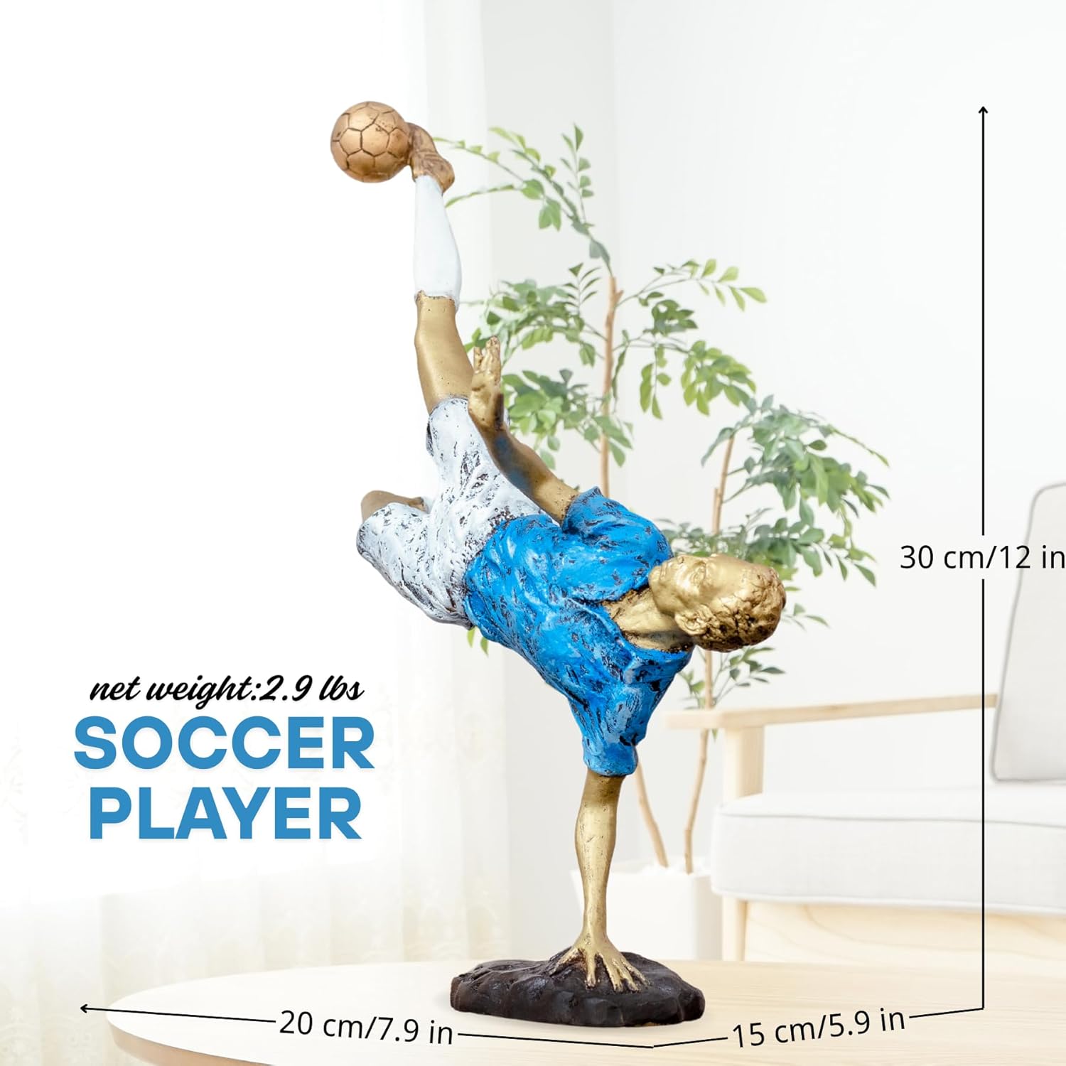 12-inch soccer player bicycle kick statue blue jersey front view on display base