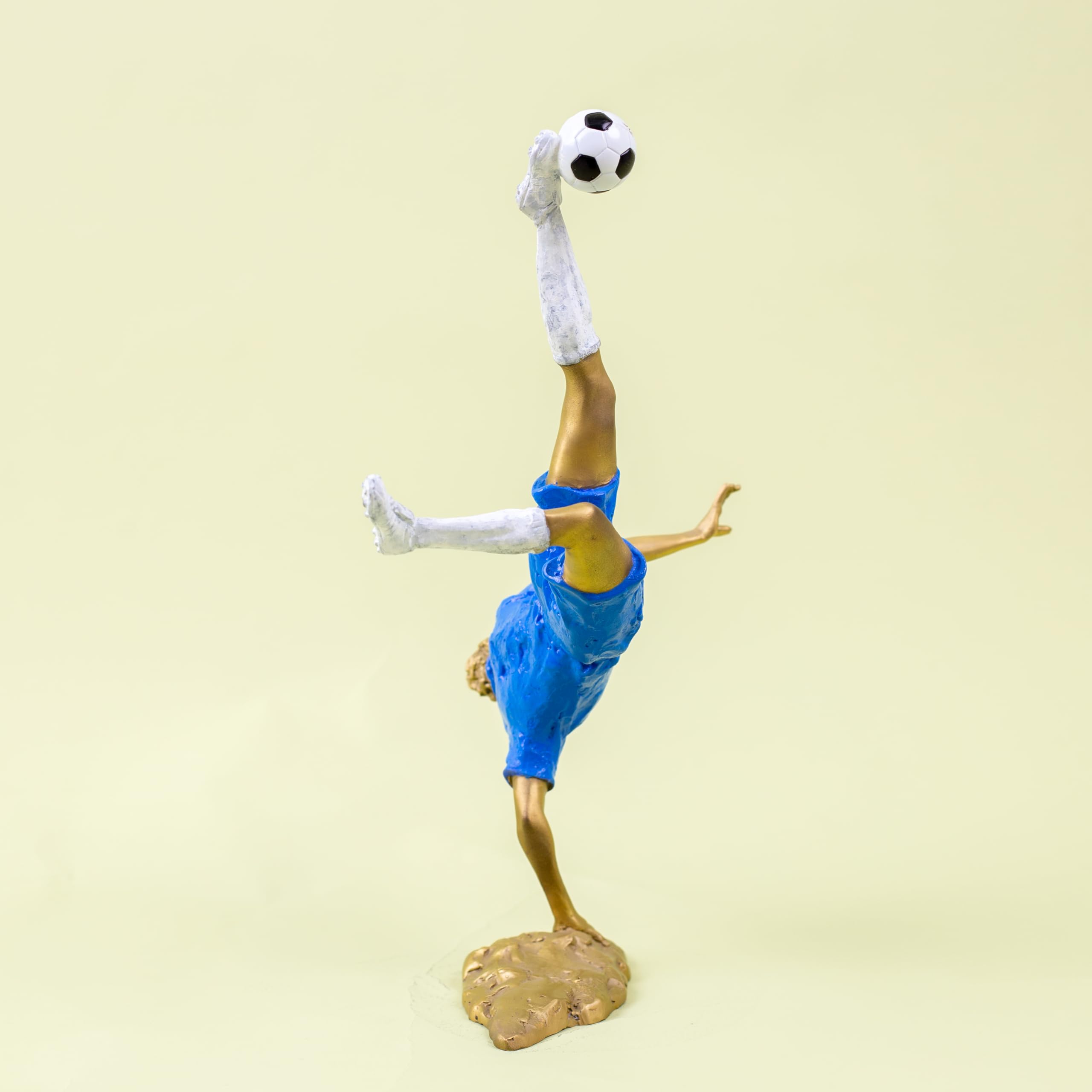 Rear action view of gold jersey Messi-inspired bicycle kick football legend figurine