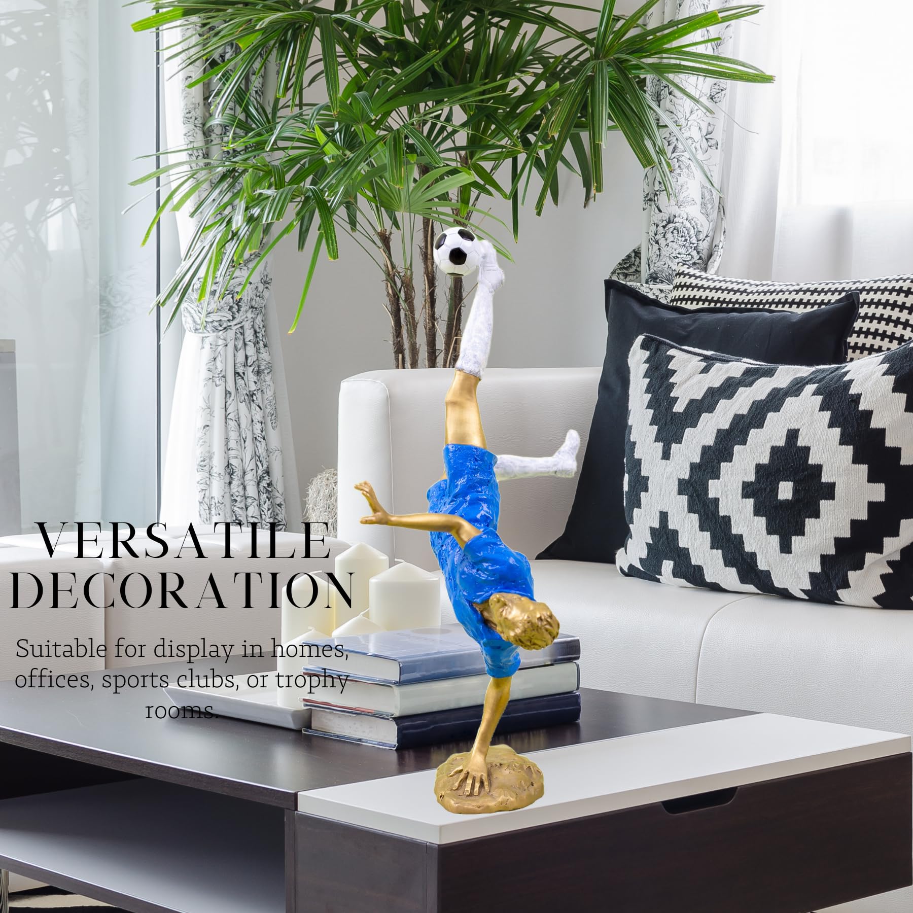Gold soccer player bicycle kick statue as versatile decoration in modern home interior