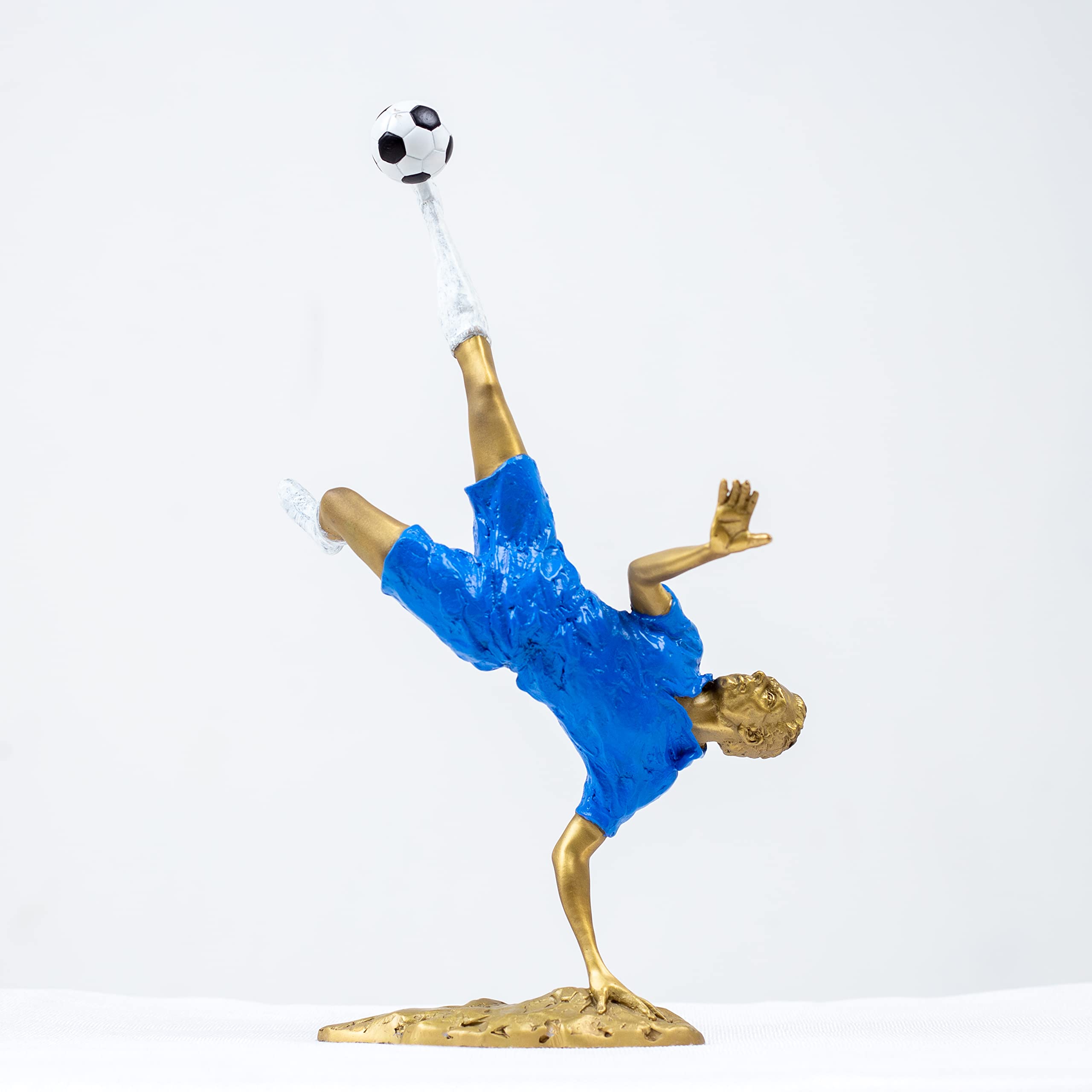 12-inch soccer player bicycle kick statue gold jersey and blue shorts front view