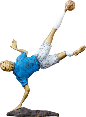 Rear view of soccer player bicycle kick bronze statue showing dynamic kicking pose