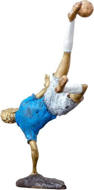 Side profile of 12-inch soccer bicycle kick player statue showing full athletic form