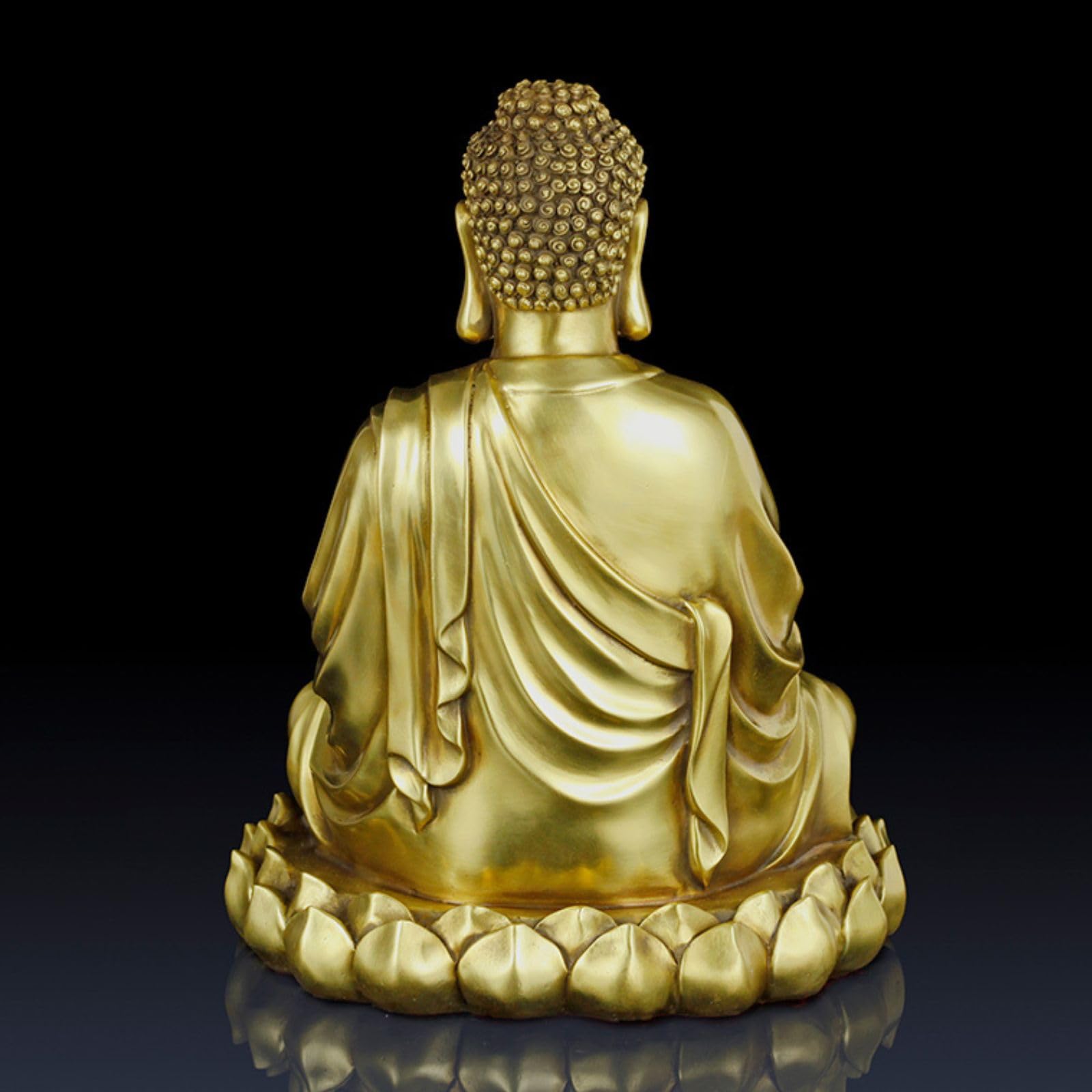Brass Buddha statue about size chart showing front and side views with height and weight specifications