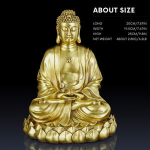 Brass Buddha statue about size chart showing front and side views with height and weight specifications