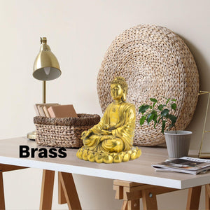 Solid brass Buddha statue on desk as decorative accent, brass material label shown