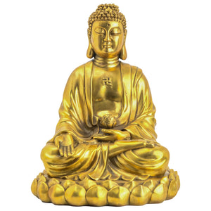 Solid brass Buddha statue front view on white background, 10 inch handcrafted Shakyamuni sculpture