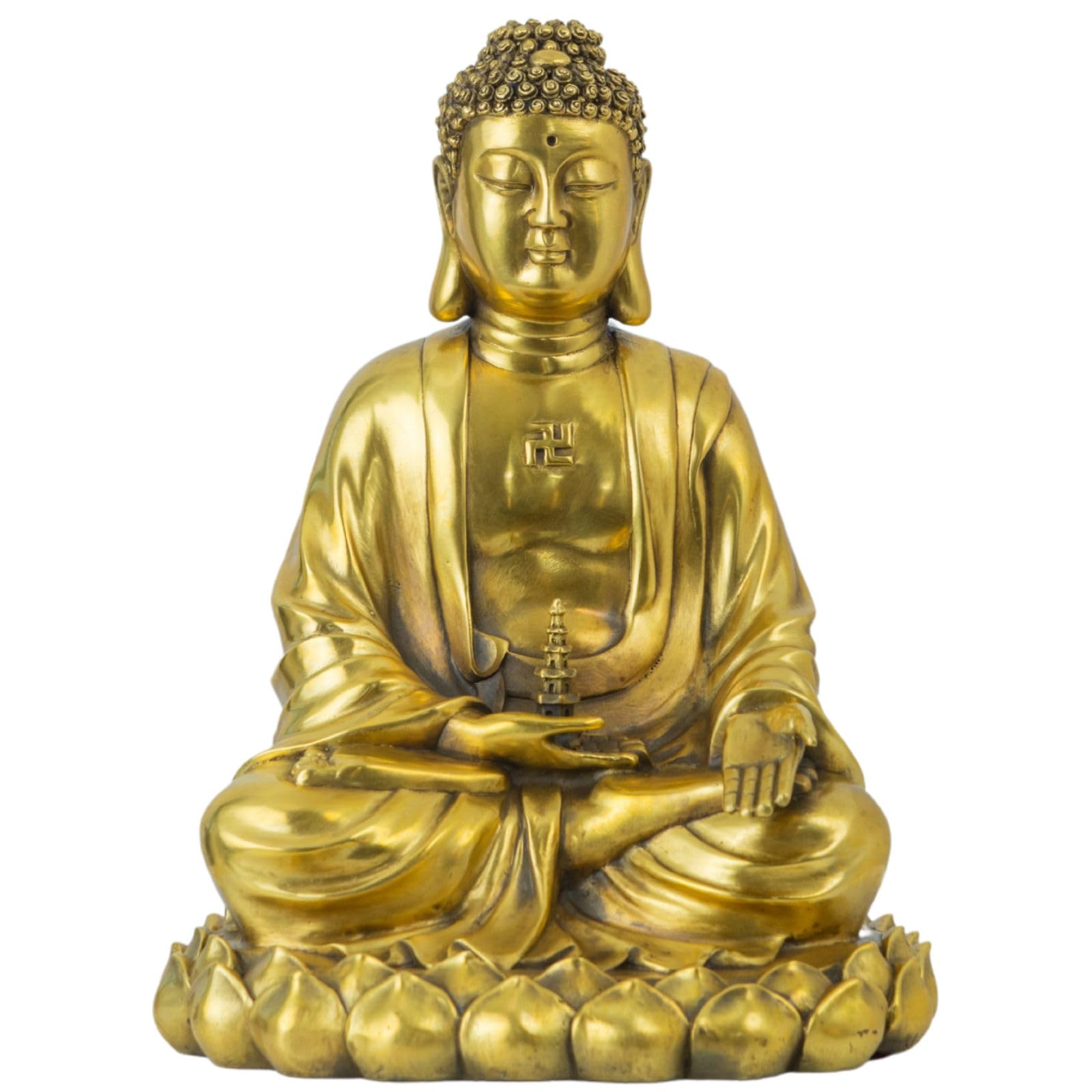 Brass Buddha statue with detailed lotus base, front view showing intricate lost-wax casting finish