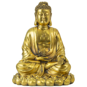 Brass Buddha statue with detailed lotus base, front view showing intricate lost-wax casting finish