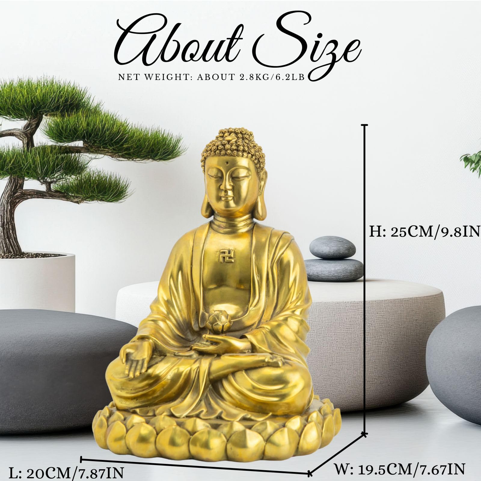 Brass Buddha statue size reference in living room scene showing 10 inch scale in home setting