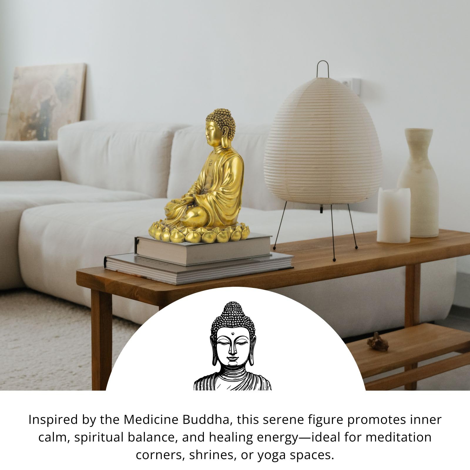 Brass Buddha statue size specifications chart on dark background showing weight and dimensions
