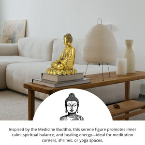 Brass Buddha statue size specifications chart on dark background showing weight and dimensions