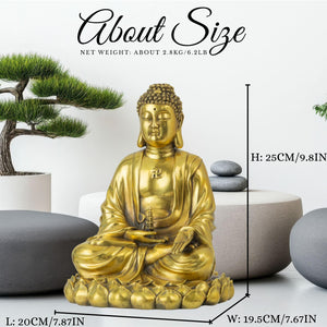 Solid brass Buddha statue in warm side lighting beside table lamp as altar or desk decor